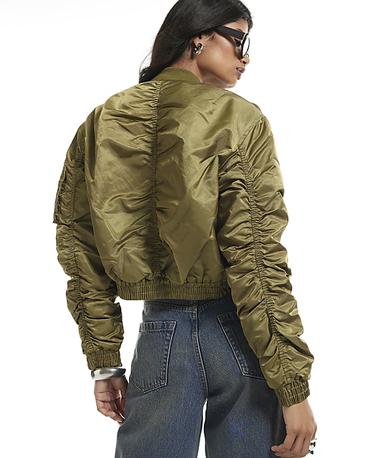 Green Crop Fitted Bomber Jacket