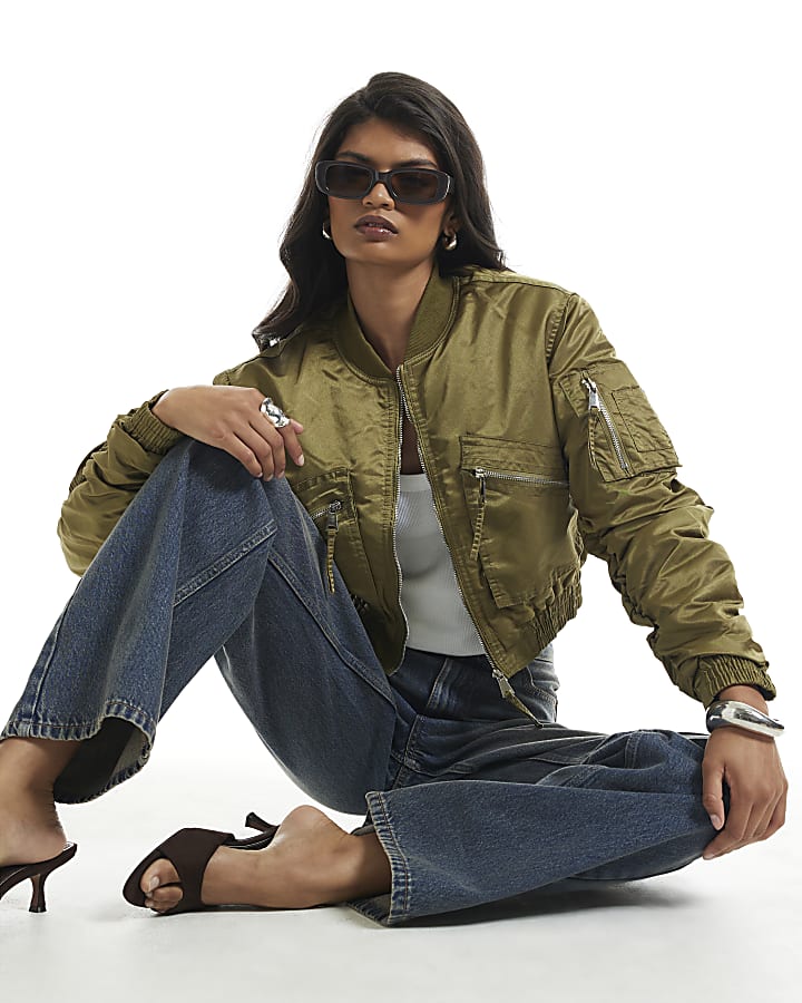 Green Crop Fitted Bomber Jacket