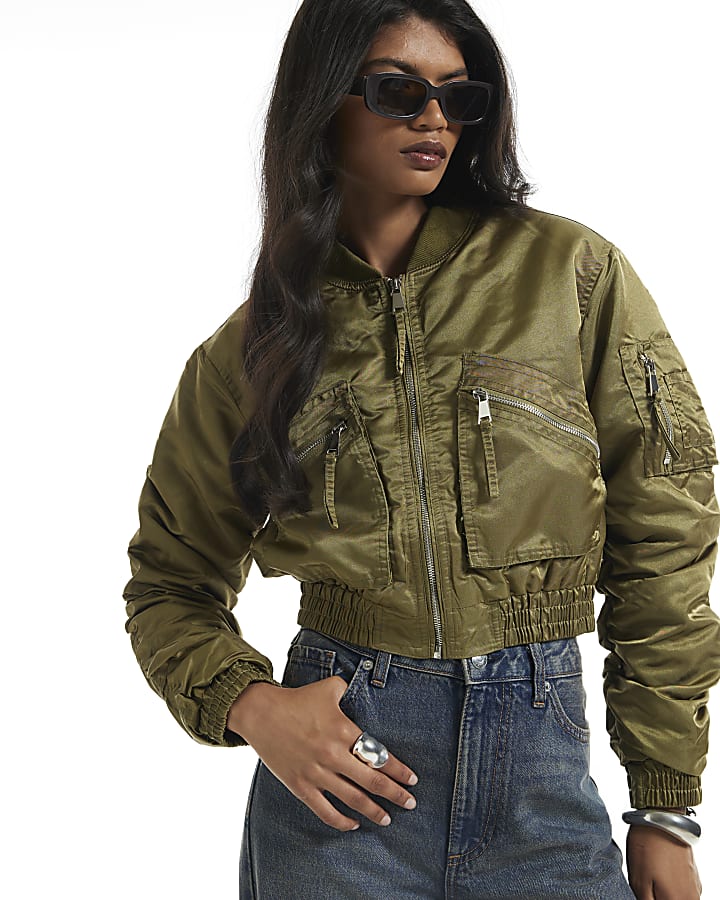 Green Crop Fitted Bomber Jacket