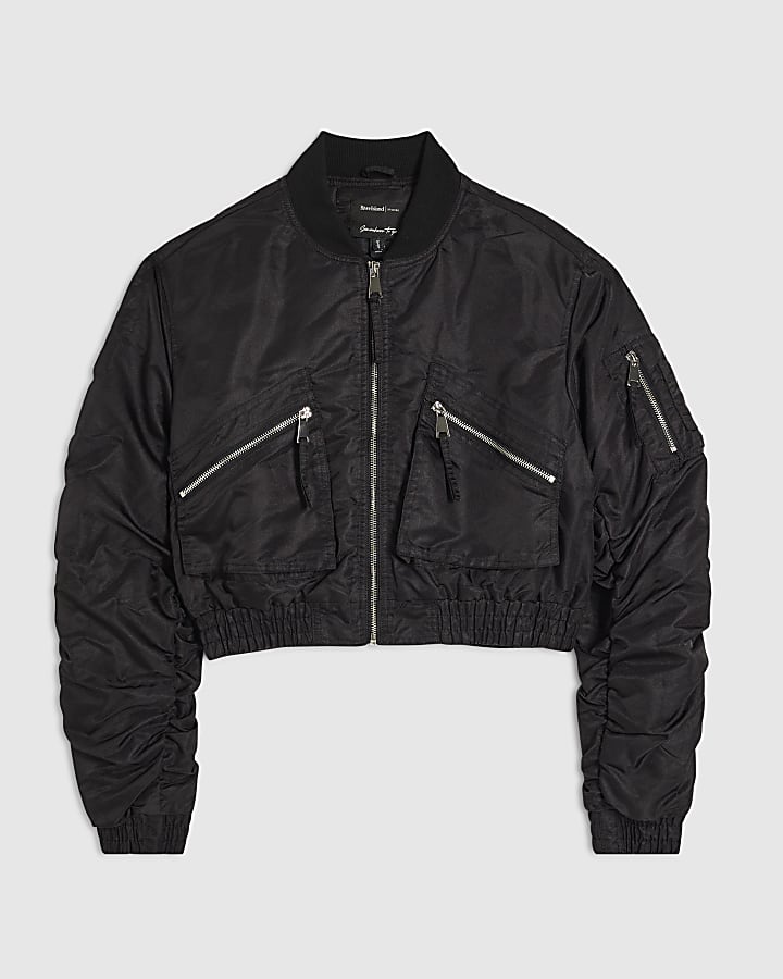 Black Crop Fitted Classic Bomber Jacket