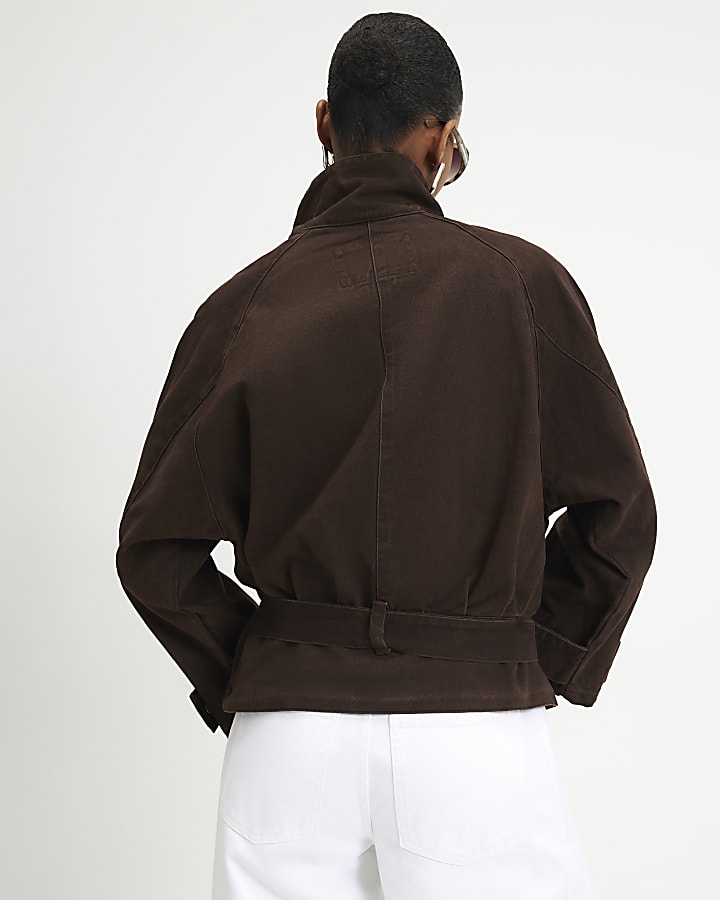 Brown Washed Cotton Funnel Neck Jacket