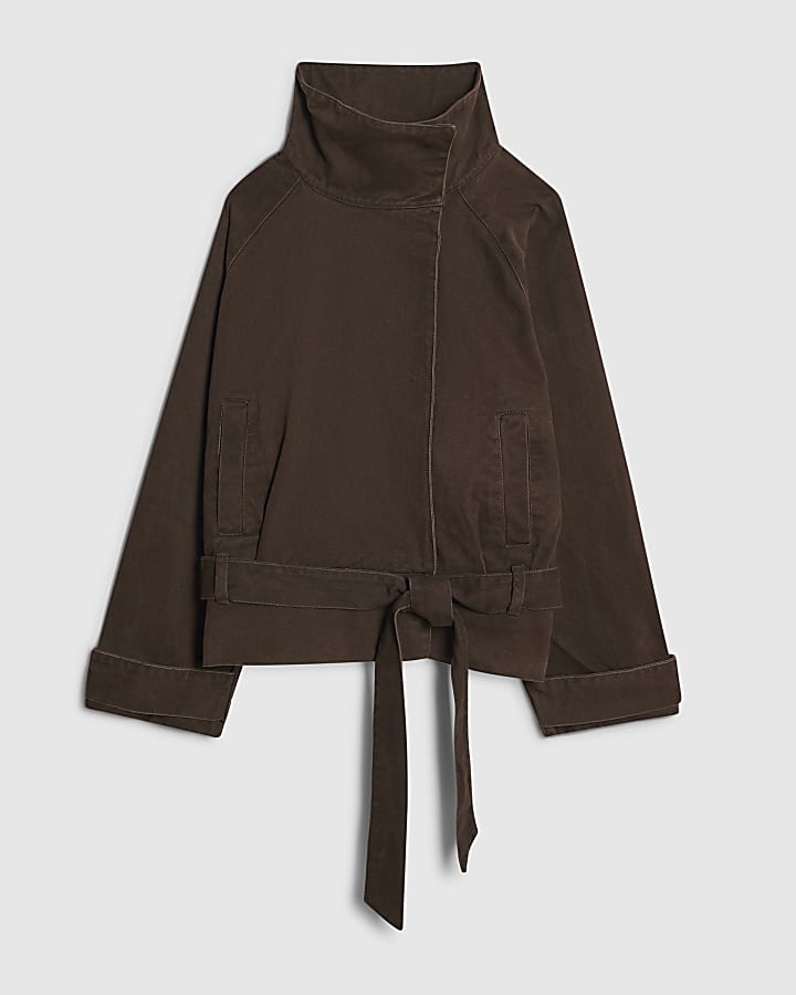 Brown Washed Cotton Funnel Neck Jacket