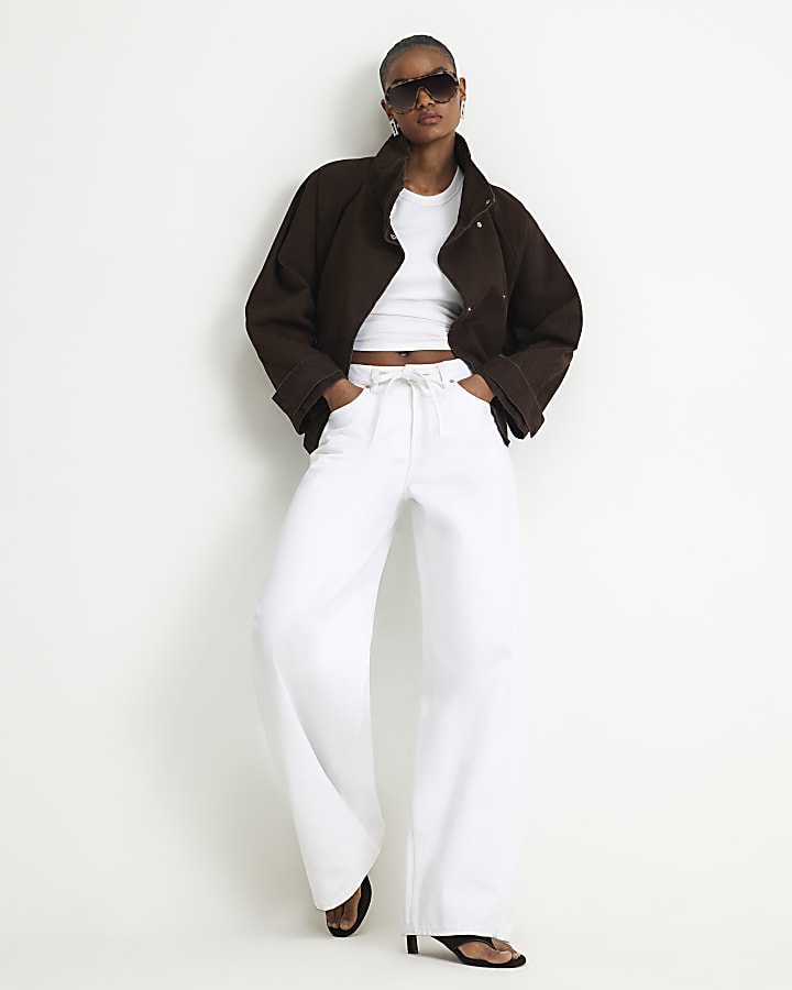 Brown Washed Cotton Funnel Neck Jacket