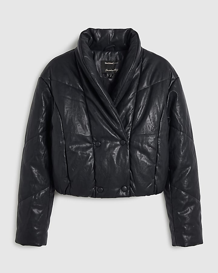 Black Faux Leather Short Puffer Jacket