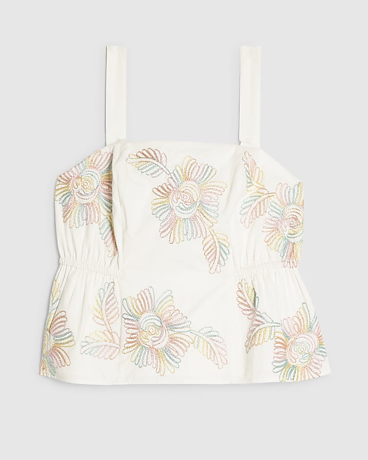 White Cotton Cornelli Floral Peplum Top