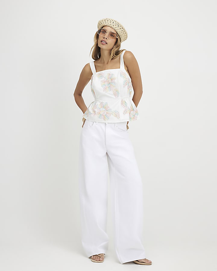White Cotton Cornelli Floral Peplum Top