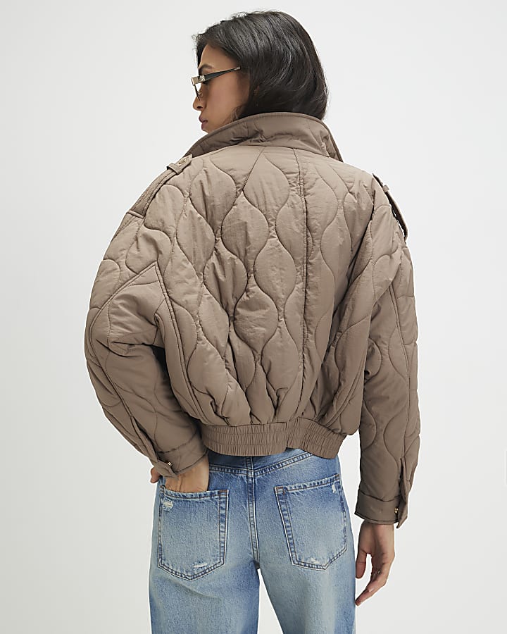 Beige Quilted Bomber Jacket