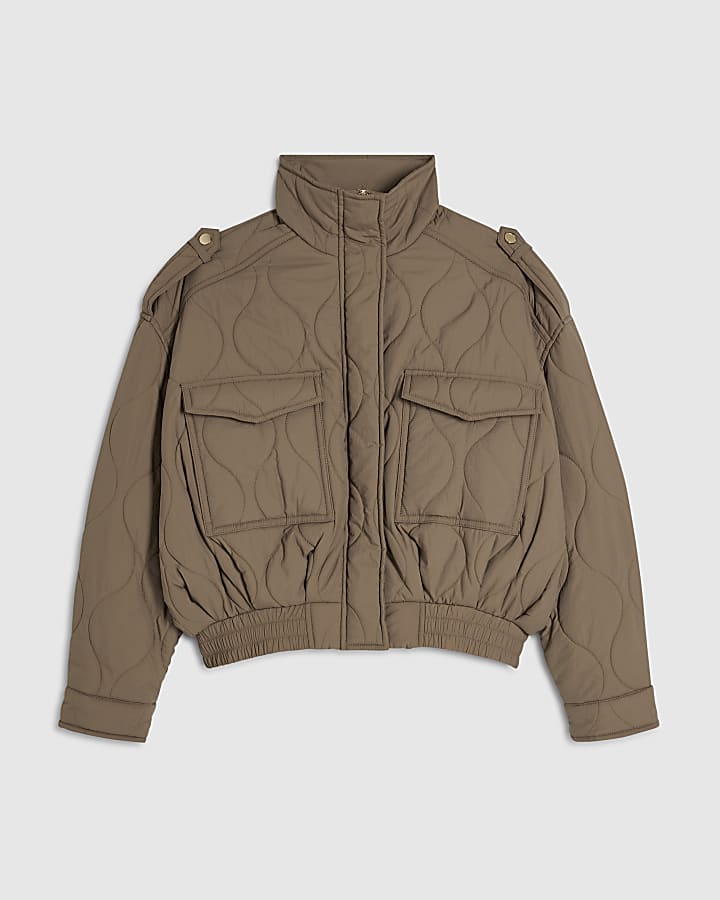 Beige Quilted Bomber Jacket