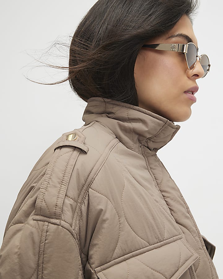 Beige Quilted Bomber Jacket