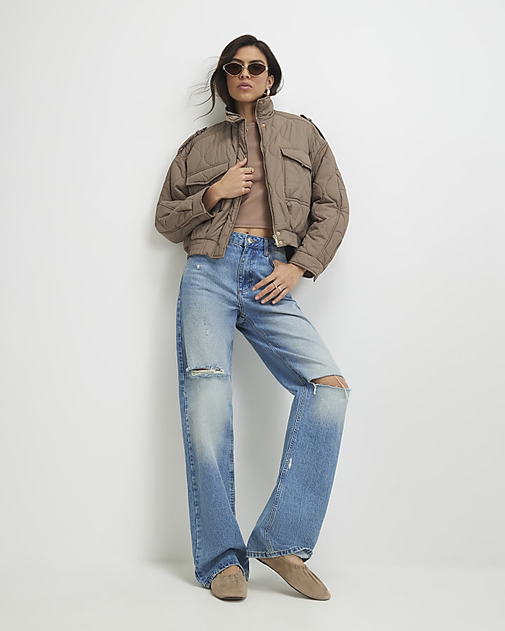 Beige Quilted Bomber Jacket