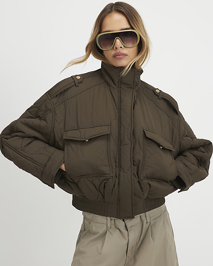 Khaki Quilted Bomber Jacket