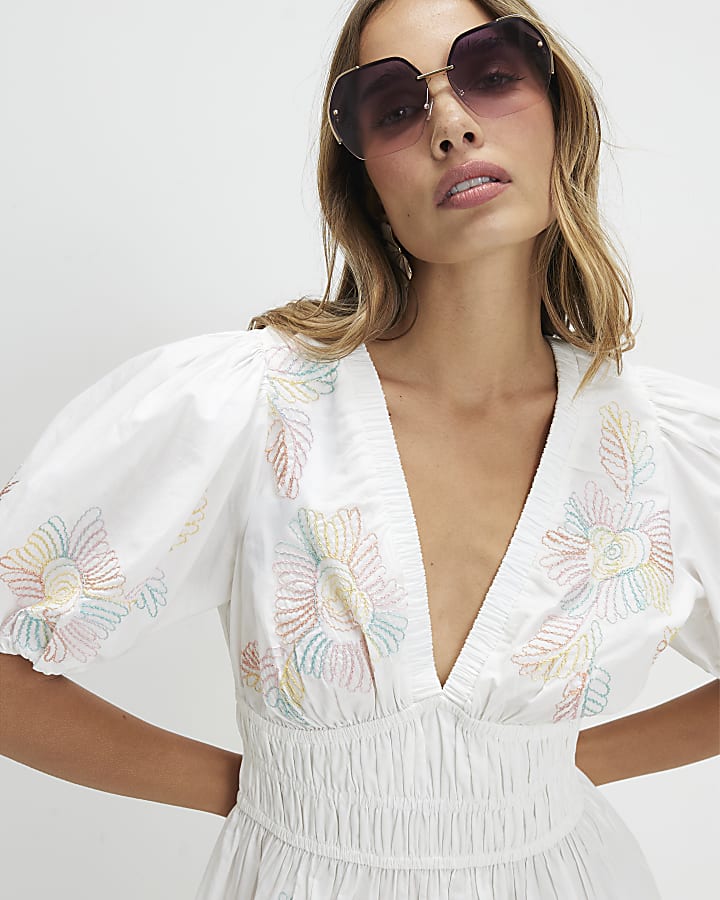 White Cotton Cornelli Floral Mini Dress