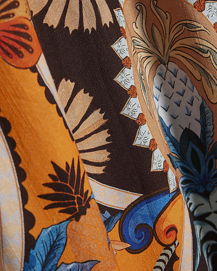 Brown Cotton Palm Print Maxi Dress