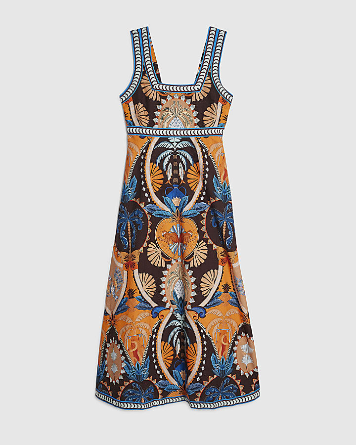 Brown Cotton Palm Print Maxi Dress