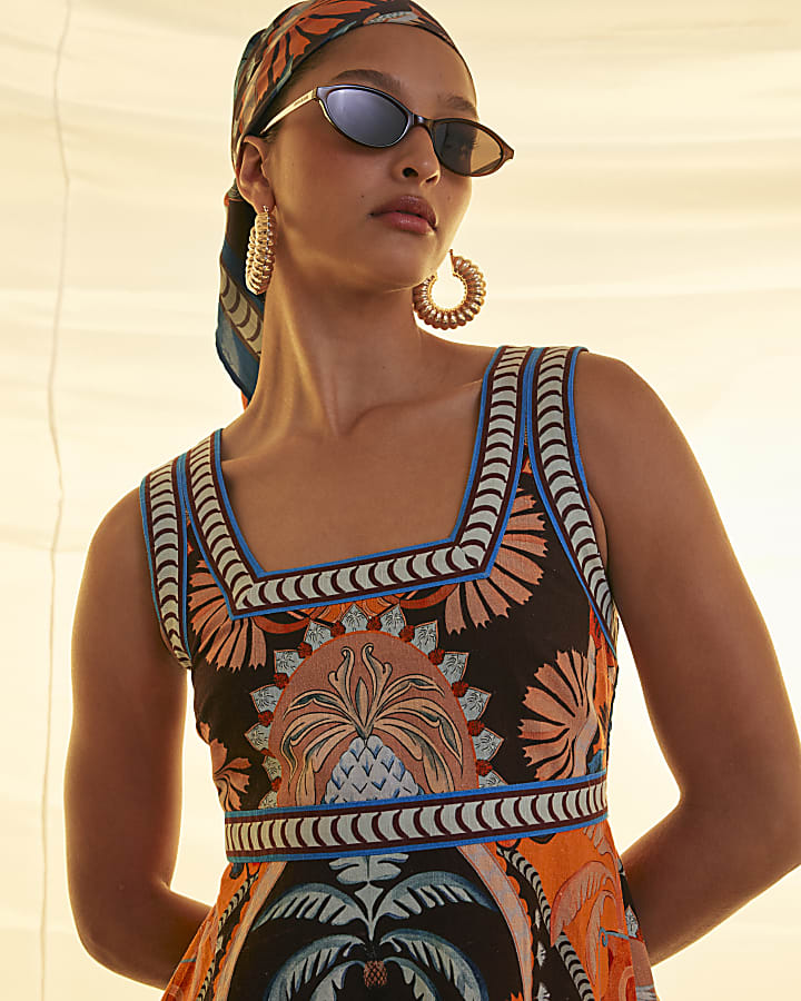 Brown Cotton Palm Print Maxi Dress