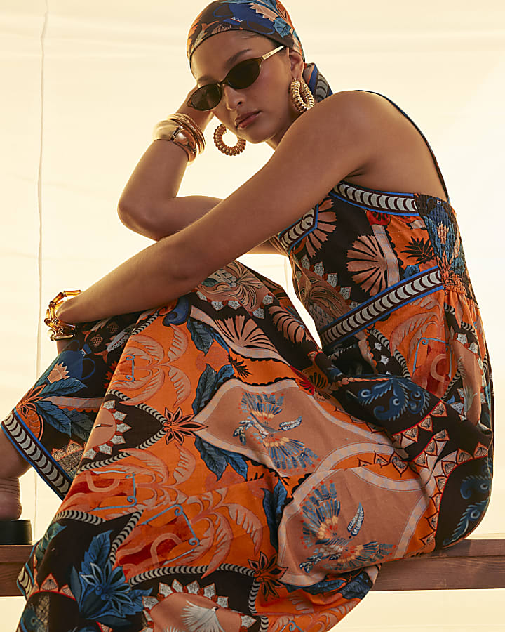 Brown Cotton Palm Print Maxi Dress