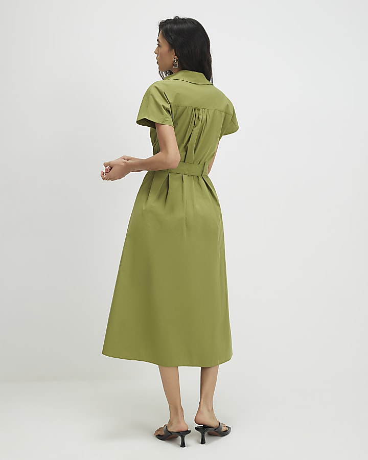 Khaki Short Sleeve Midi Shirt Dress