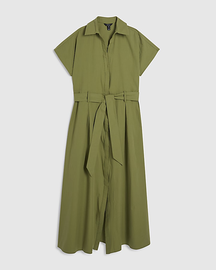 Khaki Short Sleeve Midi Shirt Dress