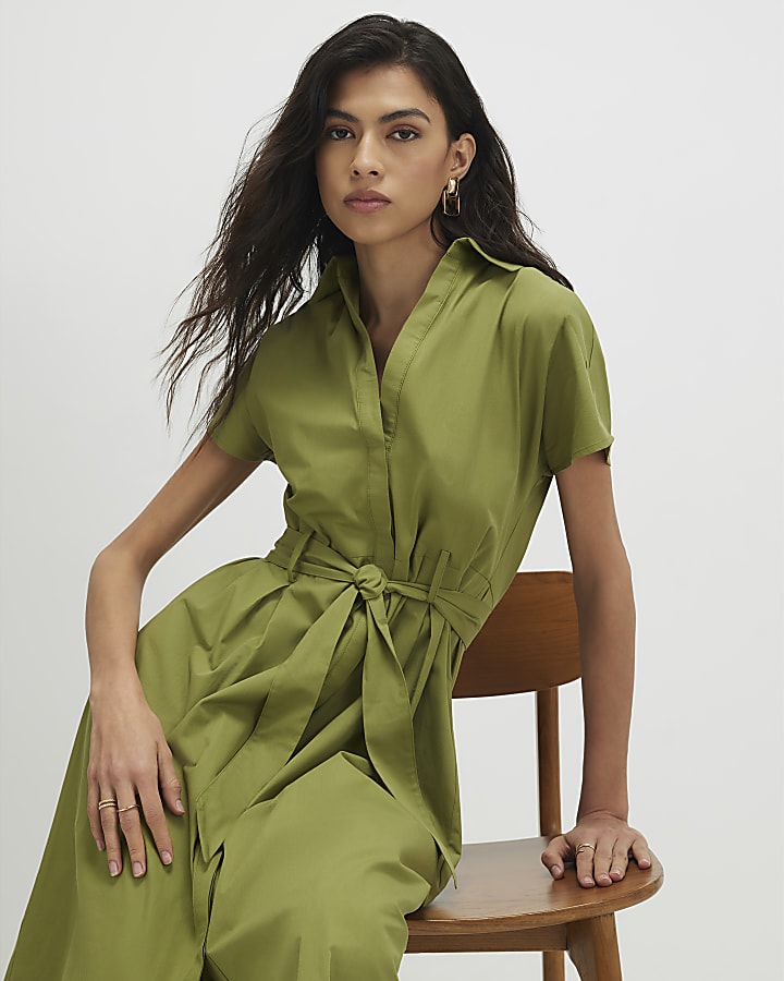 Khaki Short Sleeve Midi Shirt Dress