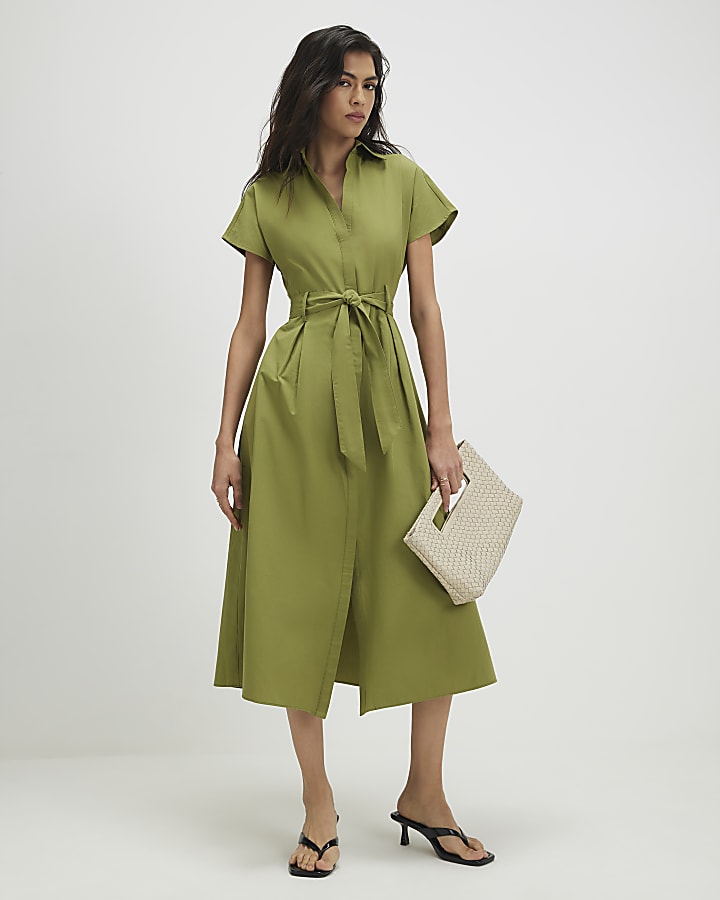 Khaki Short Sleeve Midi Shirt Dress