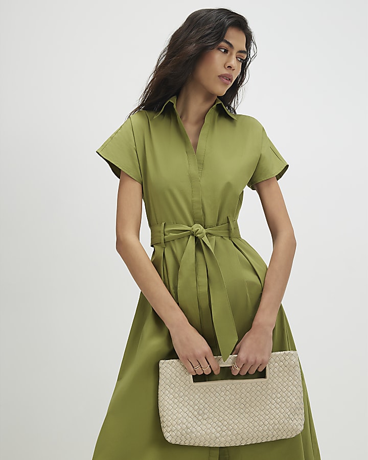 Khaki Short Sleeve Midi Shirt Dress