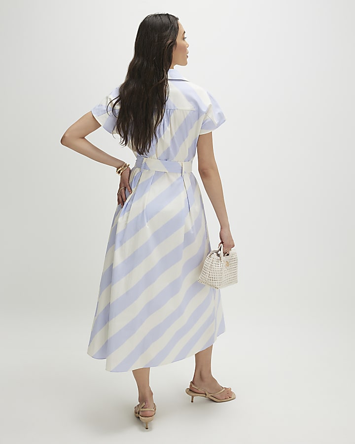 Blue Striped Midi Shirt Dress