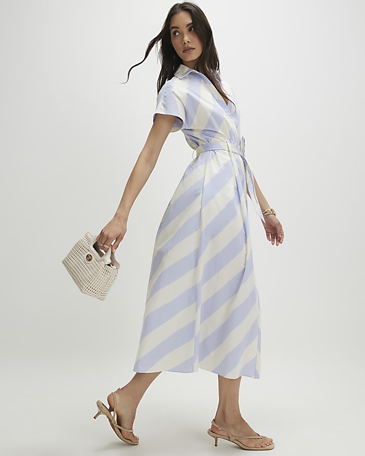 Blue Striped Midi Shirt Dress