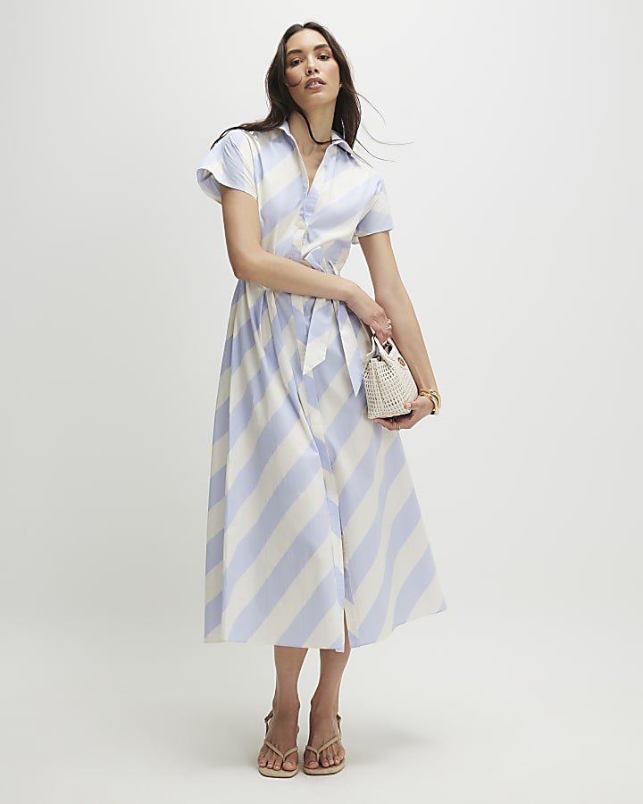 Blue Striped Midi Shirt Dress
