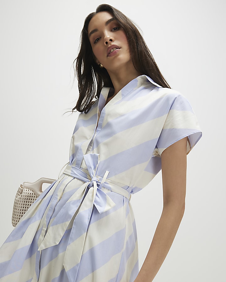 Blue Striped Midi Shirt Dress