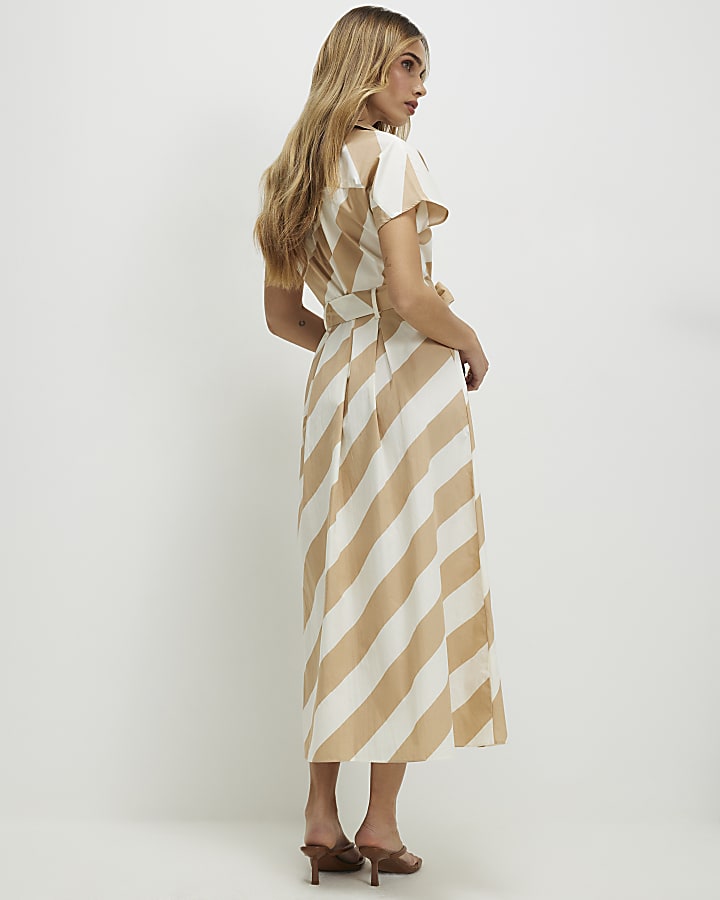 Beige Striped Midi Shirt Dress