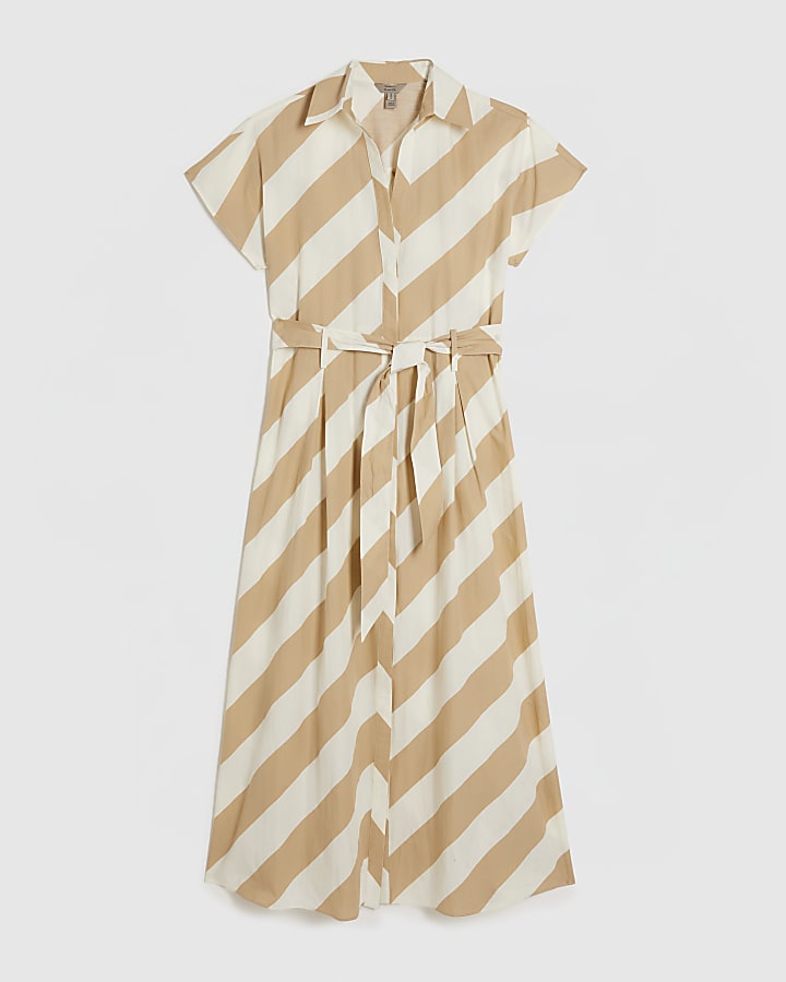 Beige Striped Midi Shirt Dress