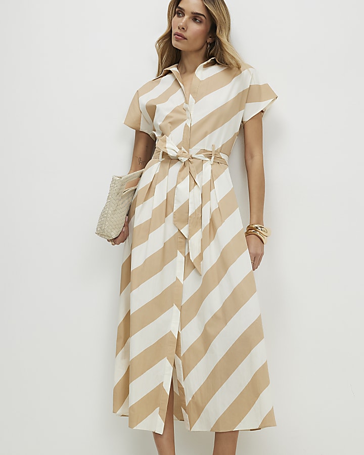Beige Striped Midi Shirt Dress