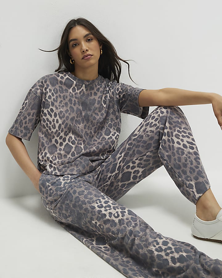 Beige Leopard Print Wide Leg Joggers