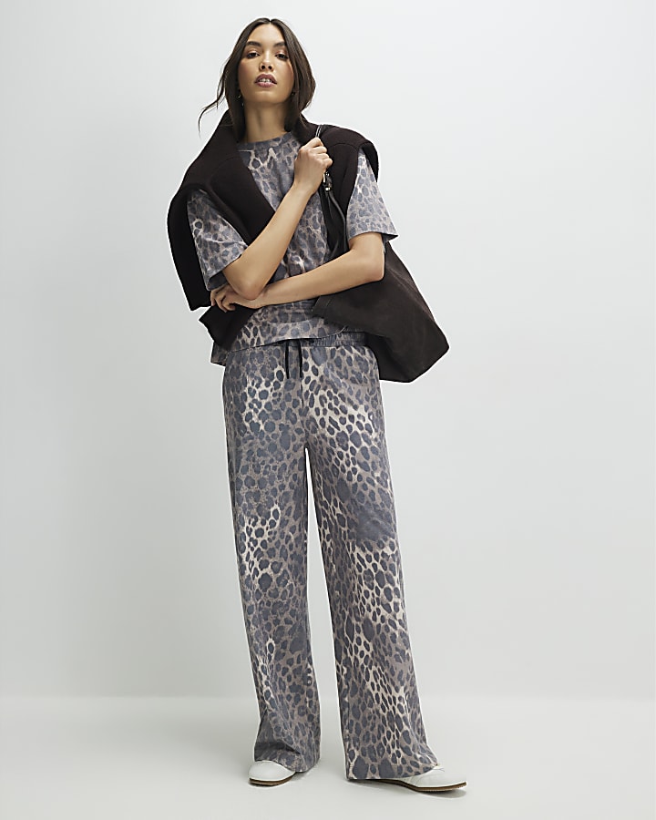 Beige Leopard Print Wide Leg Joggers