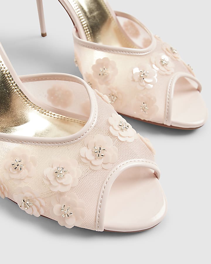 Pink Flower Mesh Mule Heels