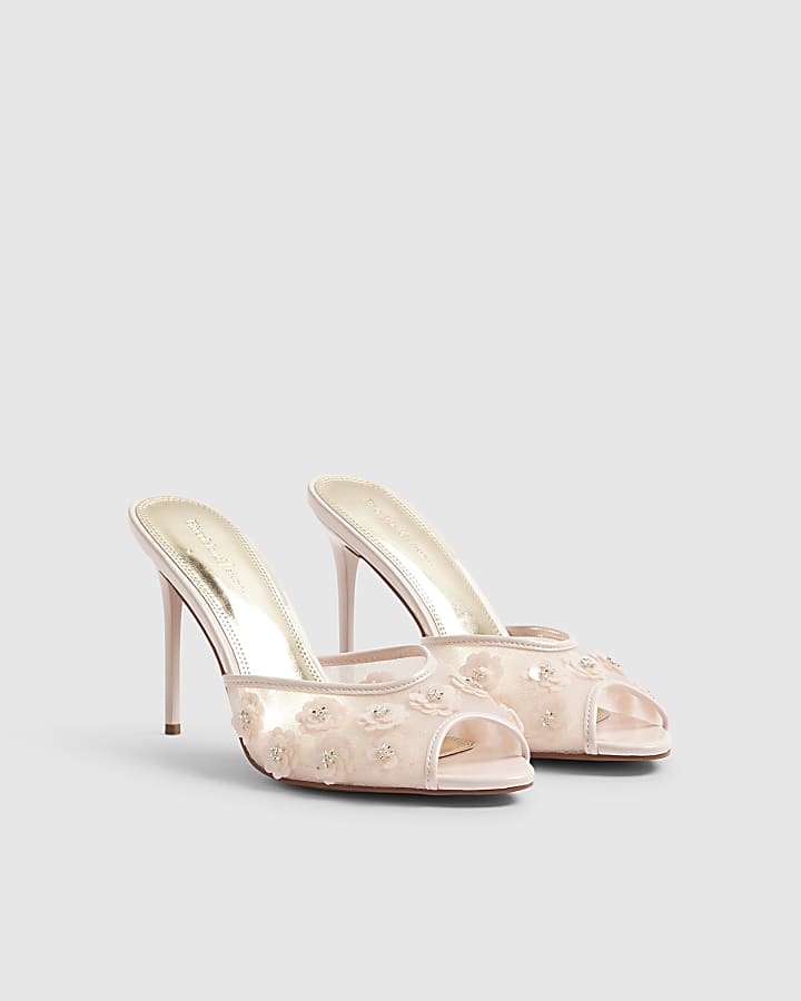 Pink Flower Mesh Mule Heels