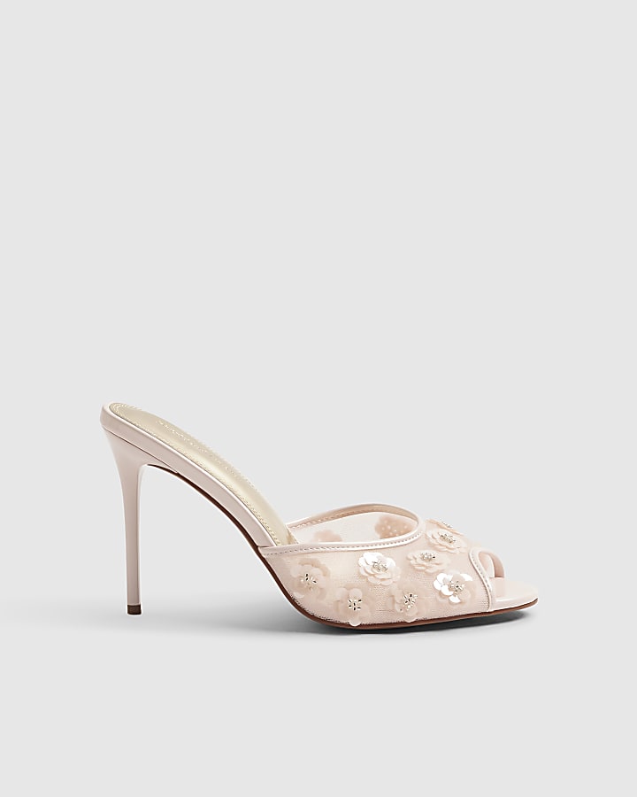 Pink Flower Mesh Mule Heels