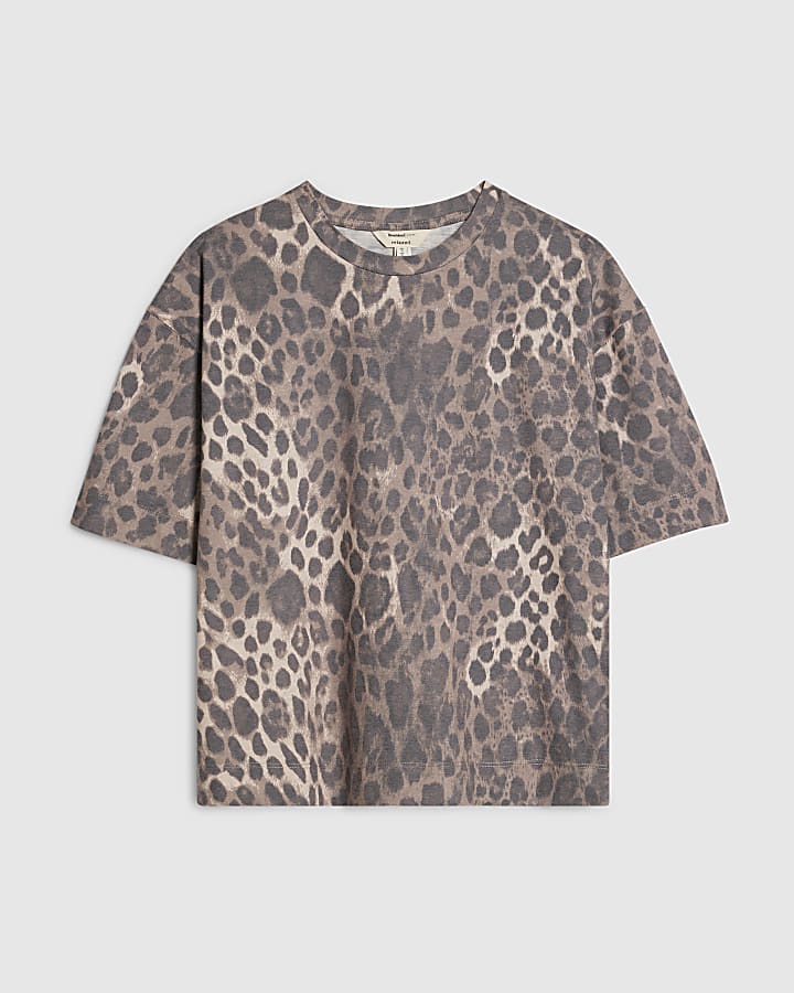 Beige Leopard Print Boxy T-Shirt