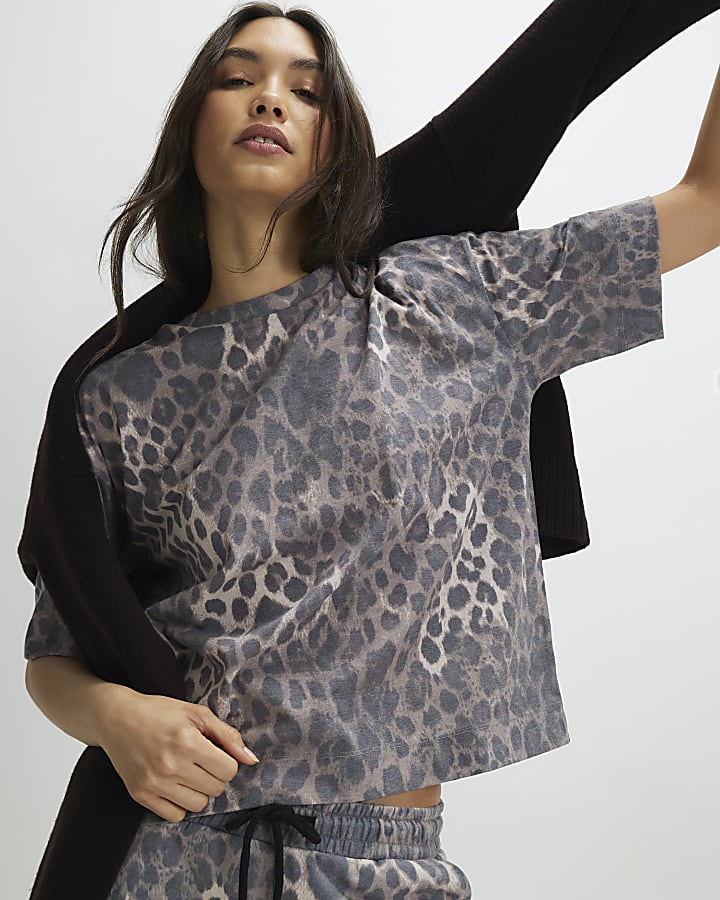 Beige Leopard Print Boxy T-Shirt