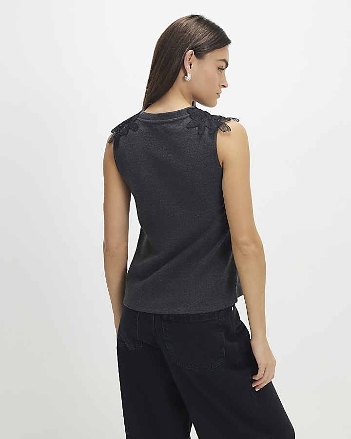 Grey Sleeveless Cosy Lace Shoulder Top