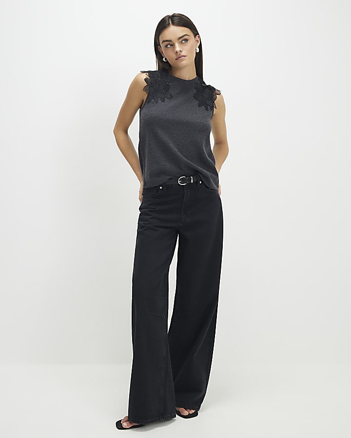 Grey Sleeveless Cosy Lace Shoulder Top