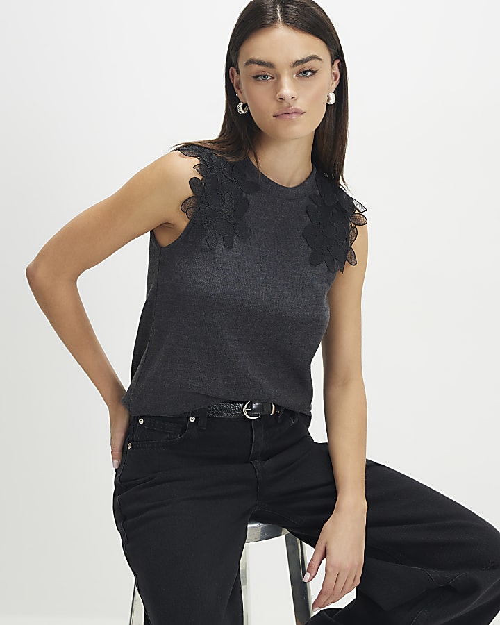 Grey Sleeveless Cosy Lace Shoulder Top