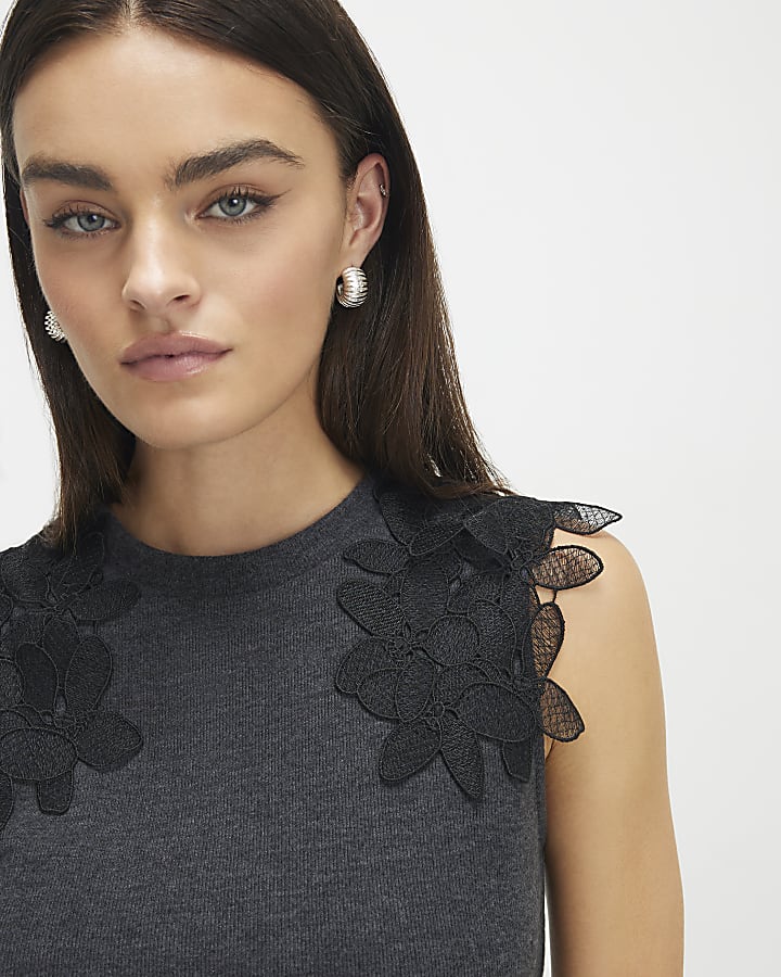 Grey Sleeveless Cosy Lace Shoulder Top