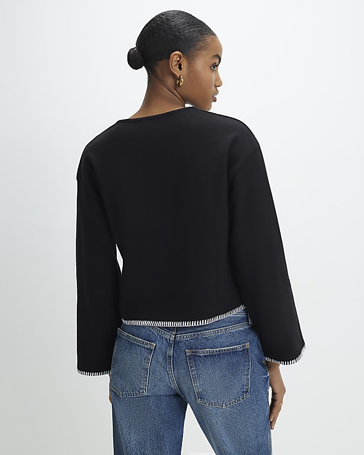 Black Long Sleeve Cosy Whipstitch Cardigan