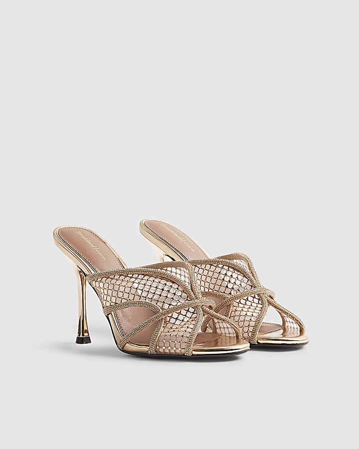 Rose Gold Diamante Mesh Heeled Mules