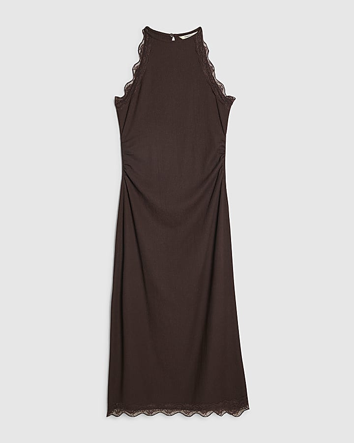 Brown Lace Trim Textured Maxi Dress