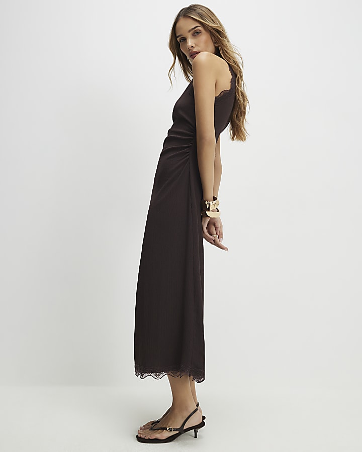 Brown Lace Trim Textured Maxi Dress