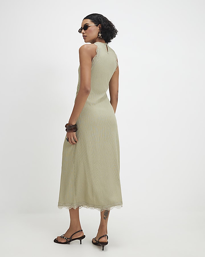 Green Lace Trim Textured Midi Dress