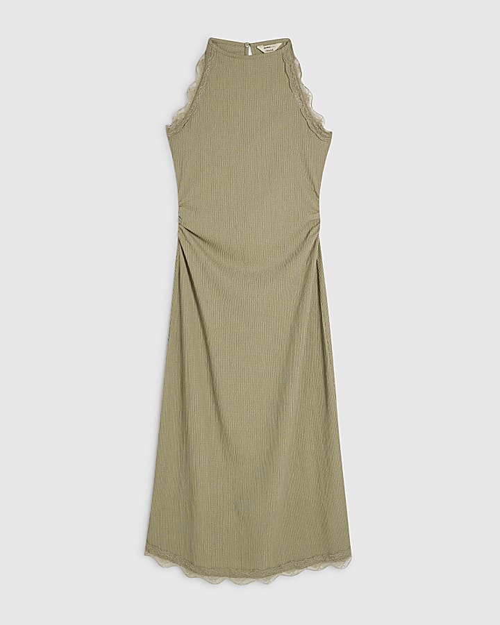 Green Lace Trim Textured Midi Dress