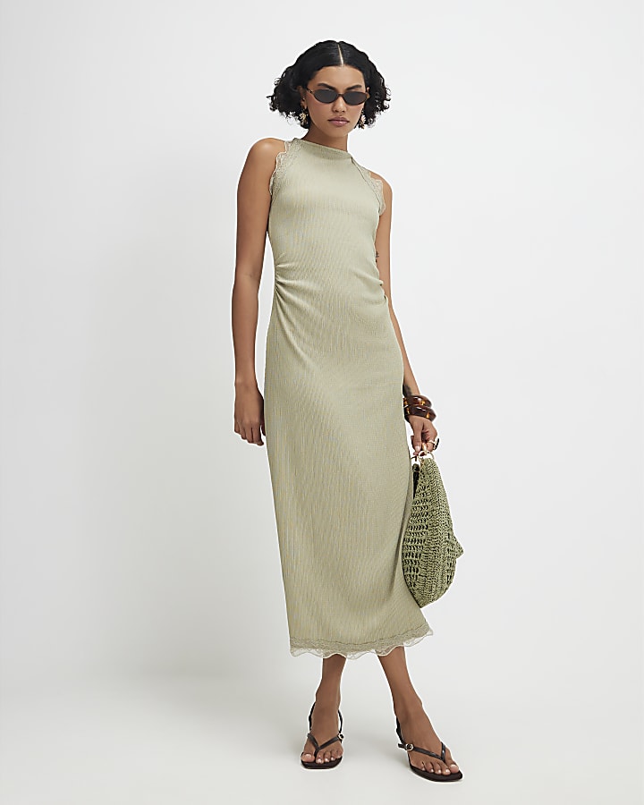 Green Lace Trim Textured Midi Dress